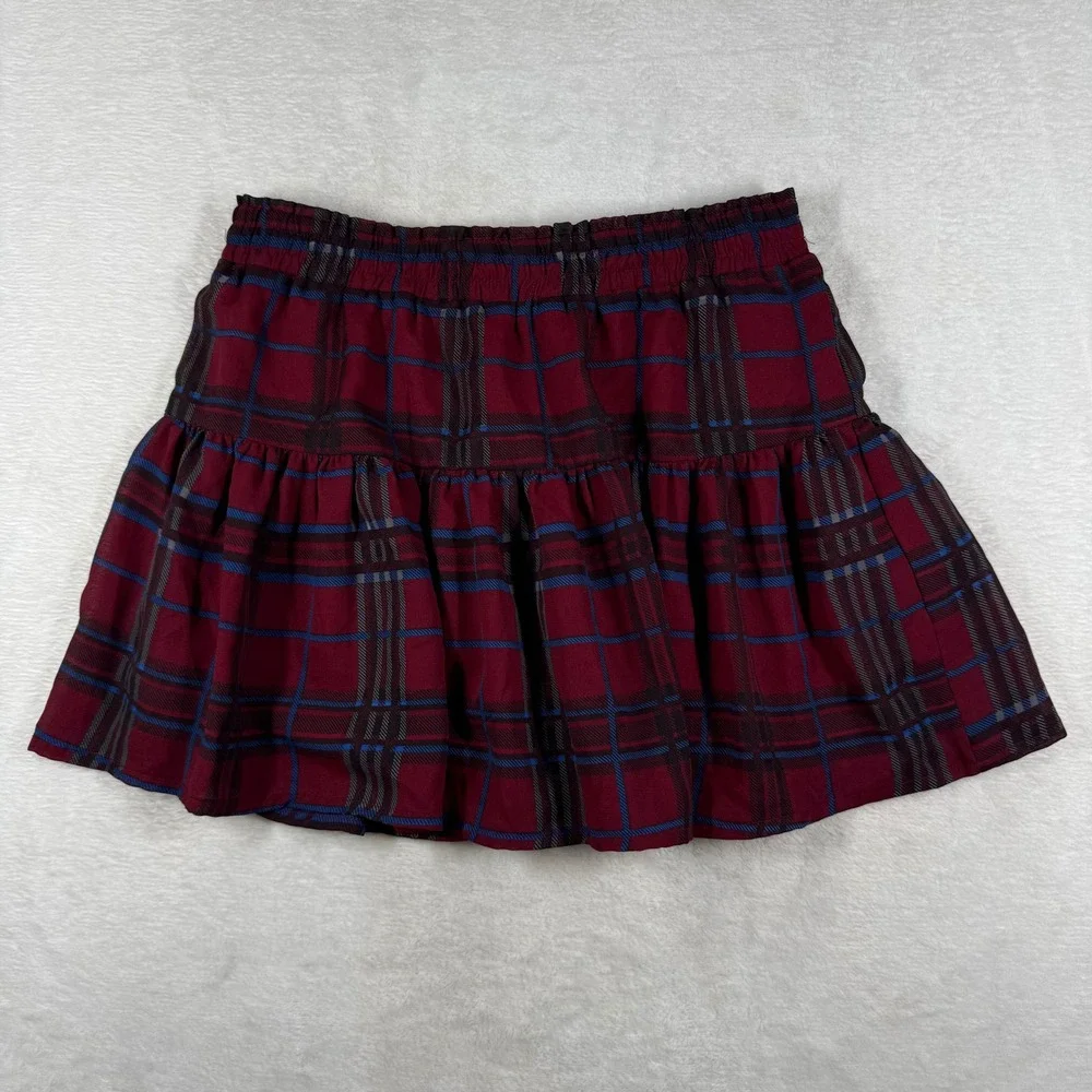 Bongo Burgundy Plaid Tiered Mini Skirt Elastic Waist Lined Size M 885779448365